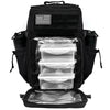 Black tactical backpack containing multiple clear plastic containers for hiking or gym use