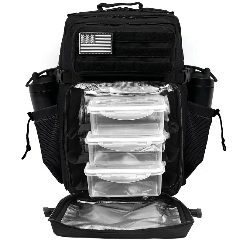 Black tactical backpack containing multiple clear plastic containers for hiking or gym use