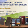 A person holds a brown leather passport wallet and various custom-designed passport card holders.
