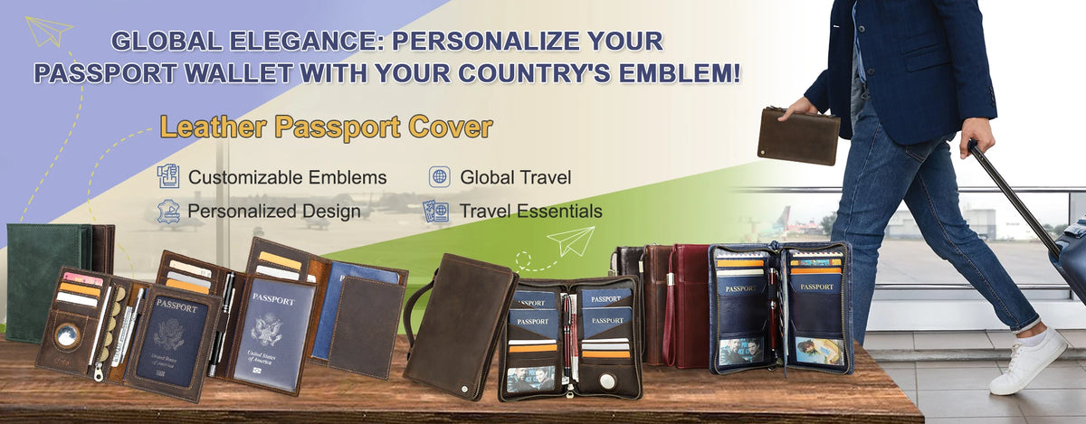 A person holds a brown leather passport wallet and various custom-designed passport card holders.