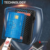 A hand holds an RFID scanner near a black wallet with an orange card, demonstrating advanced RFID blocking technology.