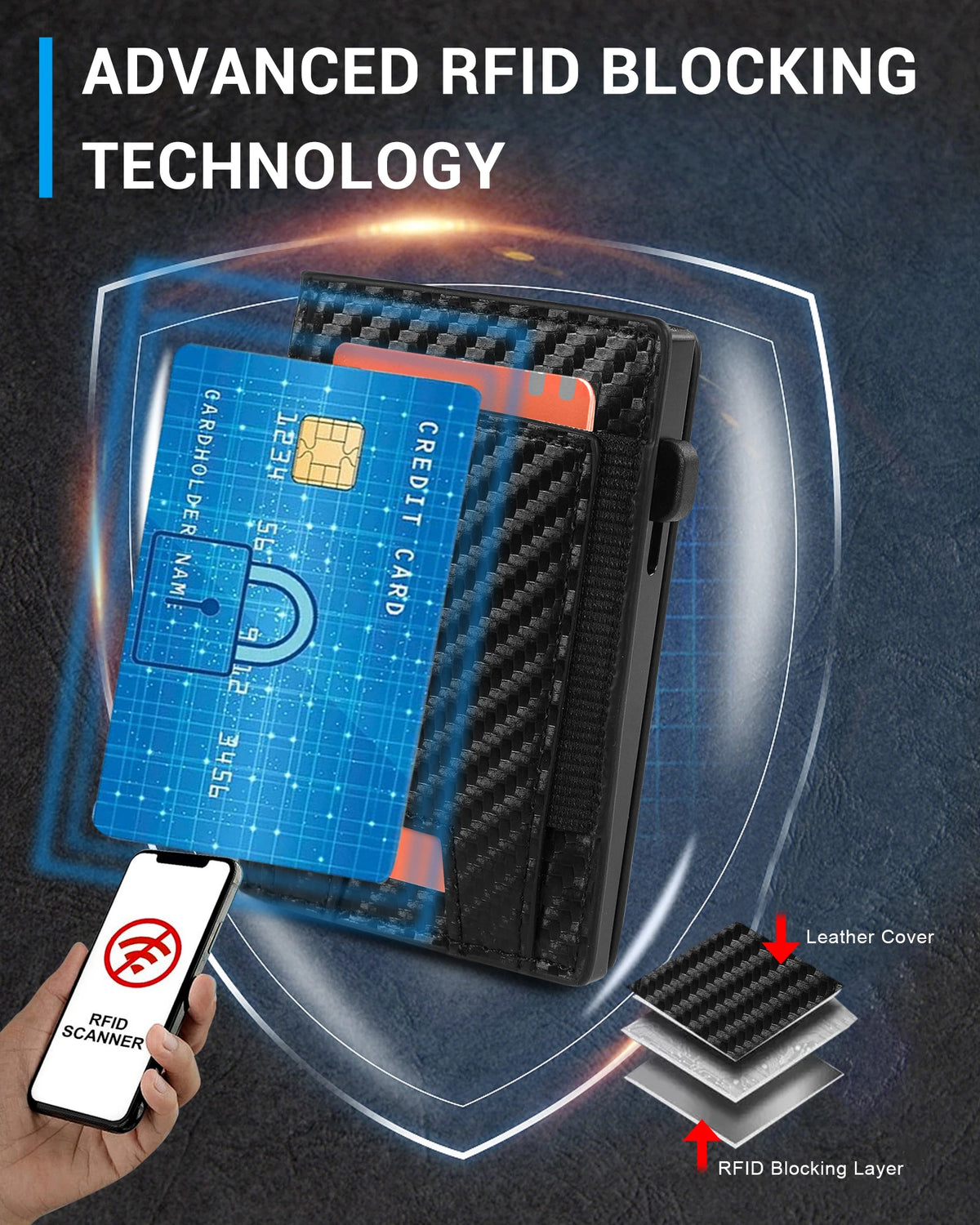 A hand holds an RFID scanner near a black wallet with an orange card, demonstrating advanced RFID blocking technology.