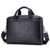Black genuine leather men's briefcase with a top handle and silver hardware
