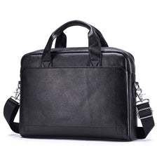 Black genuine leather men's briefcase with a top handle and silver hardware