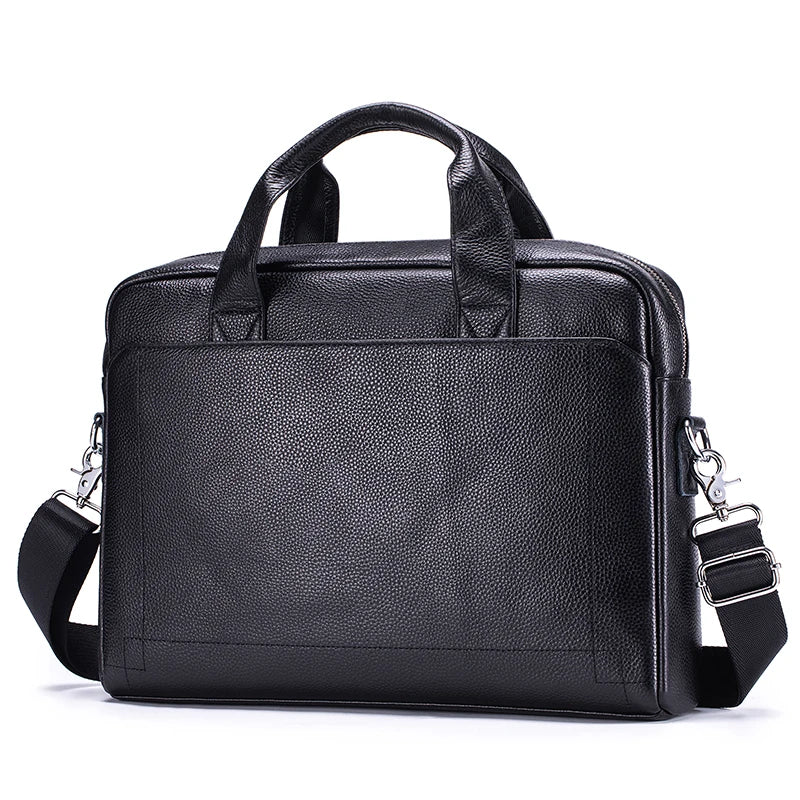 Black genuine leather men's briefcase with a top handle and silver hardware