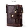 A dark brown men's genuine leather bifold wallet with RFID protection and double zipper closure.