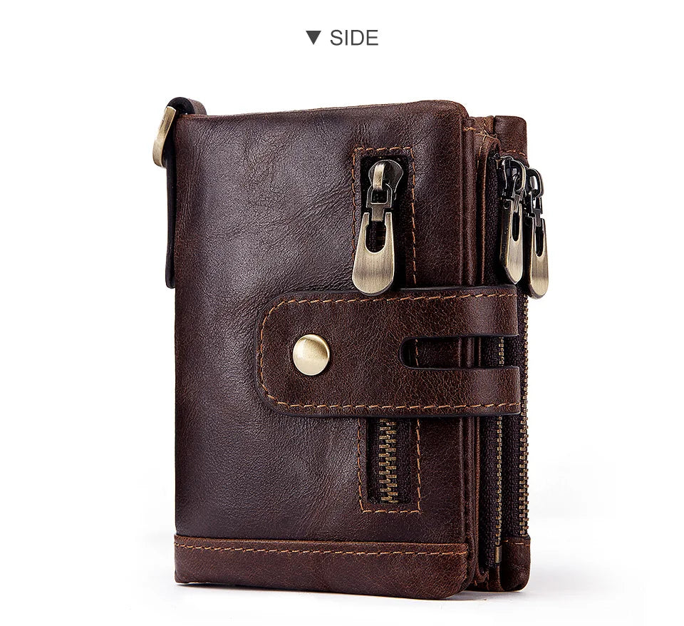 A dark brown men's genuine leather bifold wallet with RFID protection and double zipper closure.
