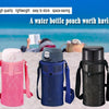 Three water bottle pouches in pink, blue, and black are shown on a sandy beach with people in the background.