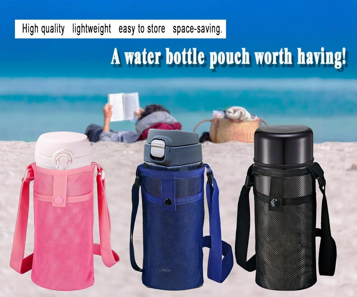 Three water bottle pouches in pink, blue, and black are shown on a sandy beach with people in the background.