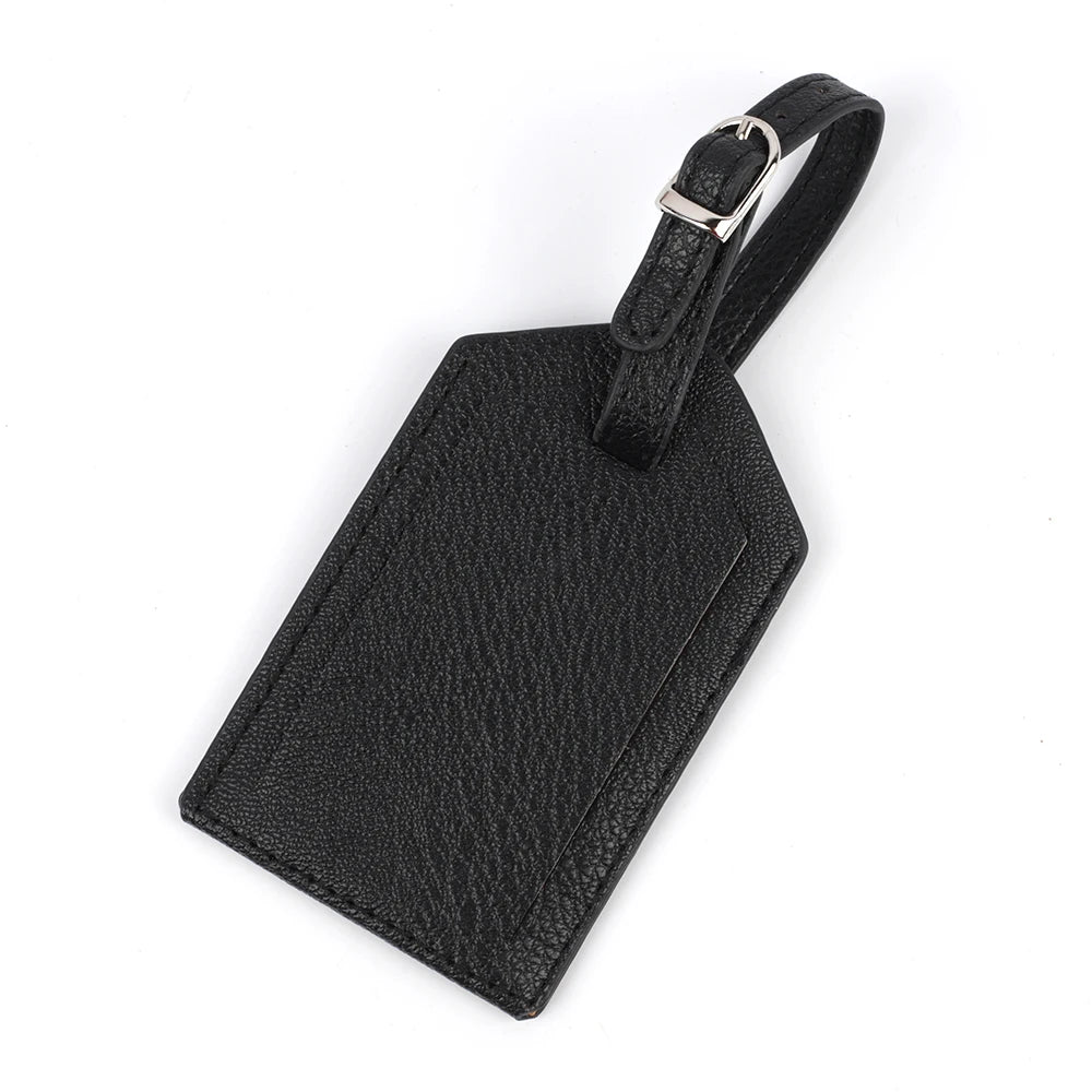 Black PU leather luggage tag with a silver buckle attached to a black strap