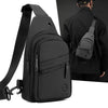 A black lightweight nylon crossbody sling bag is shown with a strap and a person wearing it.
