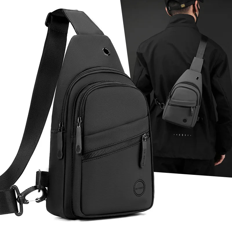 A black lightweight nylon crossbody sling bag is shown with a strap and a person wearing it.