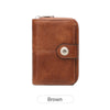 A brown leather multi-function wallet with a metal zipper closure.