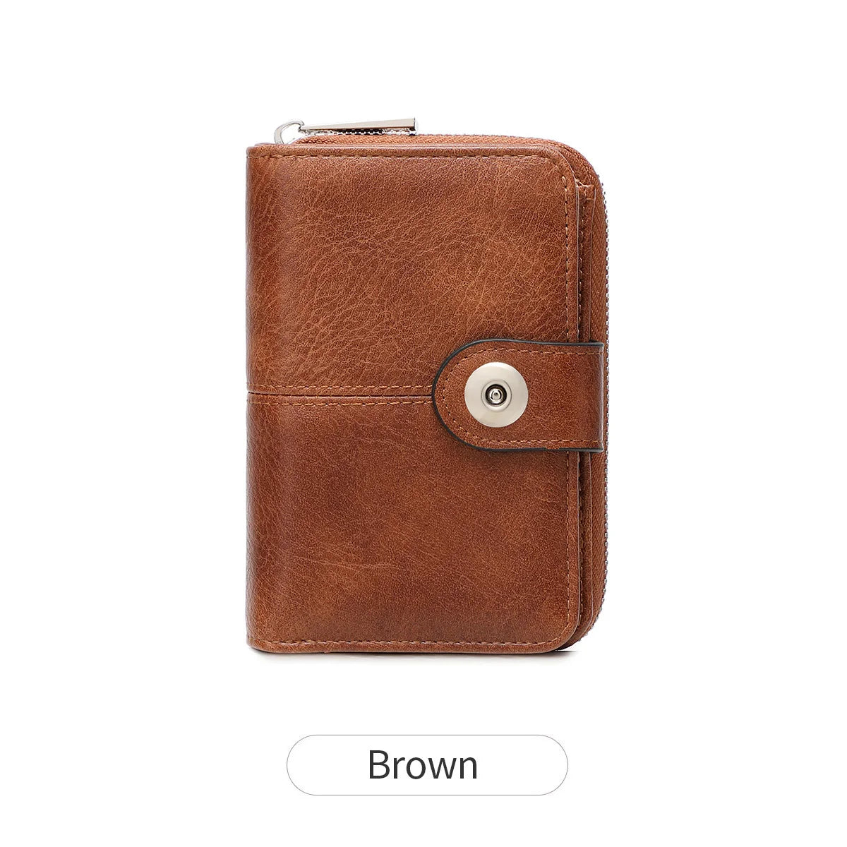 A brown leather multi-function wallet with a metal zipper closure.