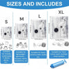 Diagram showing sizes and contents for reusable vacuum storage bags labeled S, M, L, and XL with corresponding fabric suits