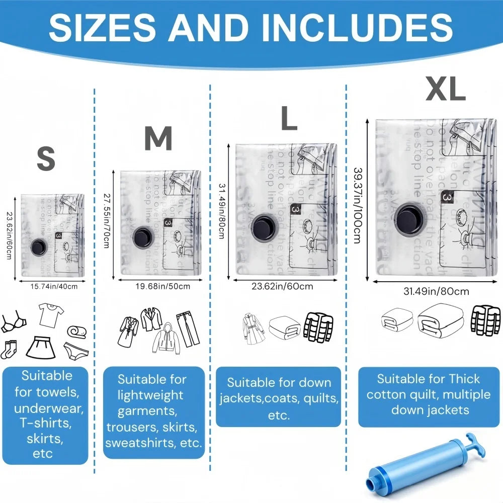 Diagram showing sizes and contents for reusable vacuum storage bags labeled S, M, L, and XL with corresponding fabric suits