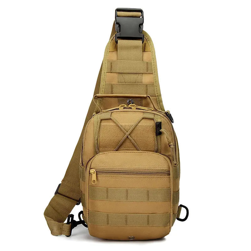 A tan tactical sling backpack with a black strap and multiple pockets shown from the back.