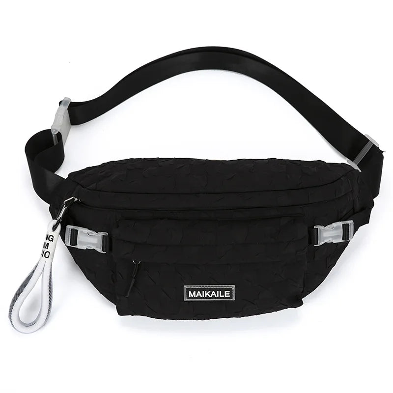 Black plaid crossbody chest bag with adjustable strap