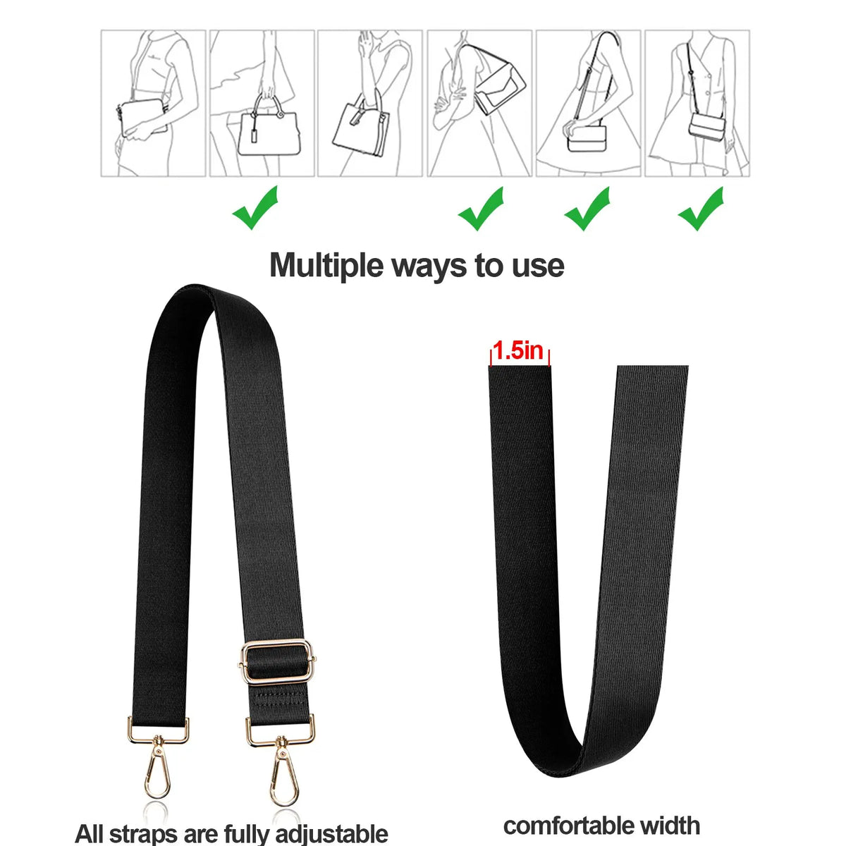 Black adjustable nylon crossbody bag strap shown with multiple usage examples and a close-up view.