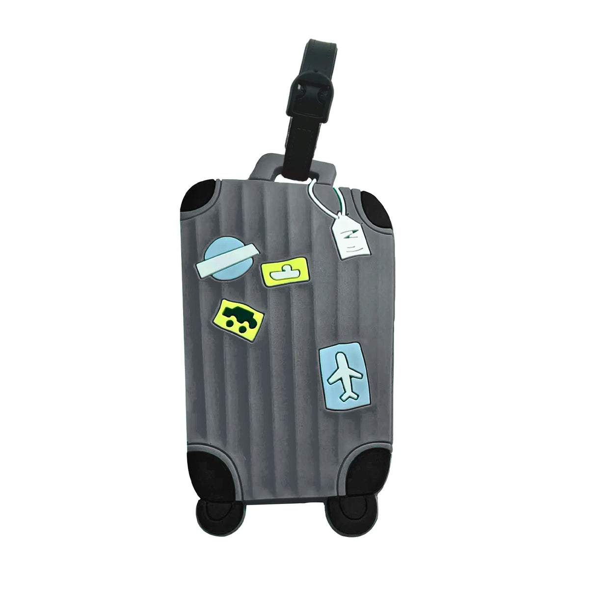 Gray rolling luggage with several colorful plastic tags attached to the exterior.