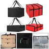 Insulated non-woven pizza delivery bags in black and red colors shown from various angles