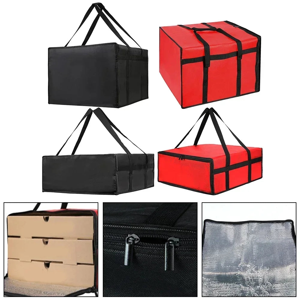 Insulated non-woven pizza delivery bags in black and red colors shown from various angles