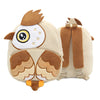 A tan cartoon animal plush backpack featuring brown fur, white accents, and large yellow eyes.