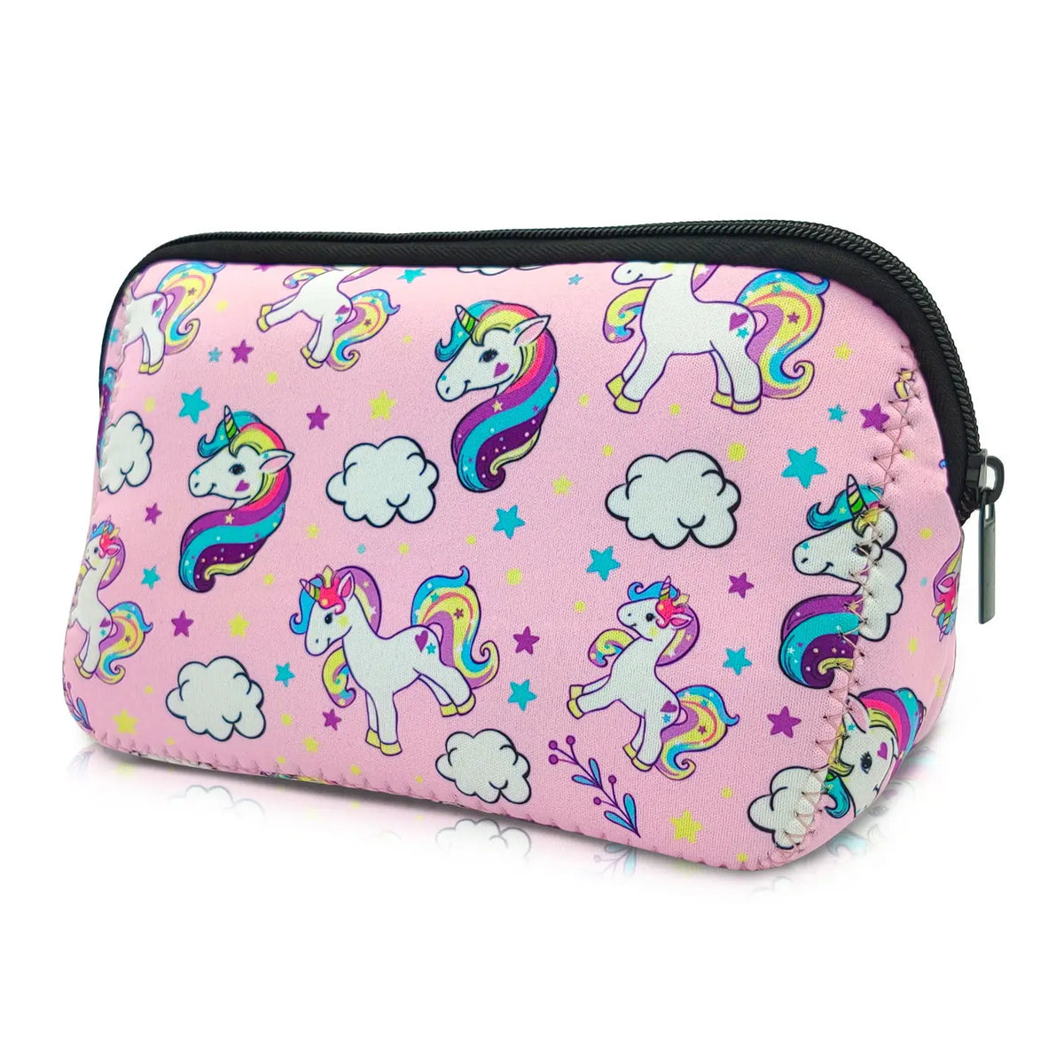 A pink cosmetic organizer bag featuring unicorns in purple and white on a pink background.