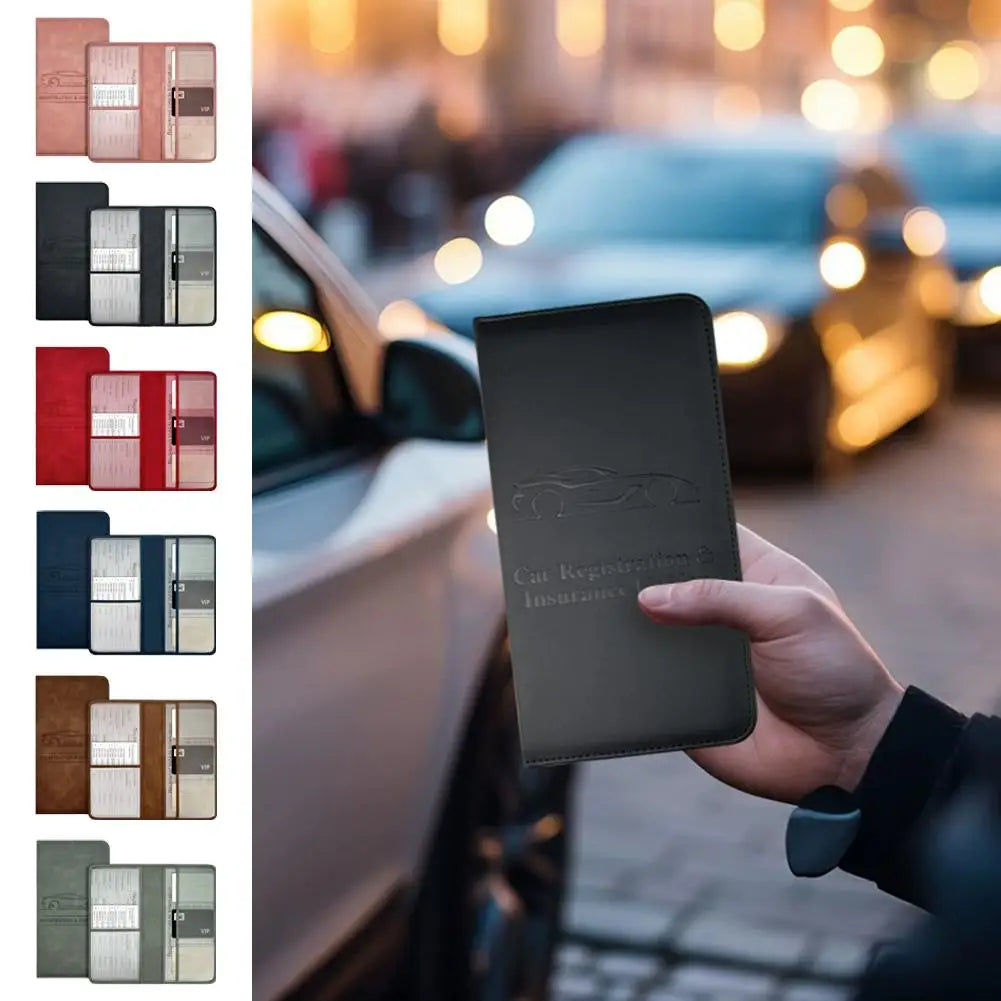 A hand holds a dark brown PU leather car document organizer with clear pockets, displayed in various color combinations.