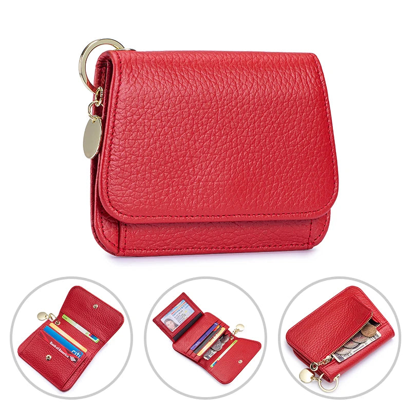 A red genuine leather RFID blocking women's wallet with a gold-tone clasp shown in various angles.