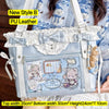 Light blue PU leather shoulder tote bag with a bow detail and decorative patches