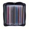 A black zippered card holder wallet filled with multiple plastic cards.