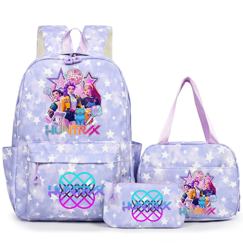 A purple nylon backpack set featuring characters and stars for students and travel.