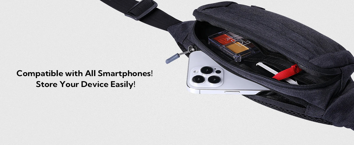 A black nylon waist pack with a strap, showing an open compartment holding a smartphone and accessories.