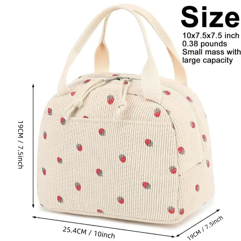 A beige corduroy lunch bag with a light pattern and fabric handles shown from the top.