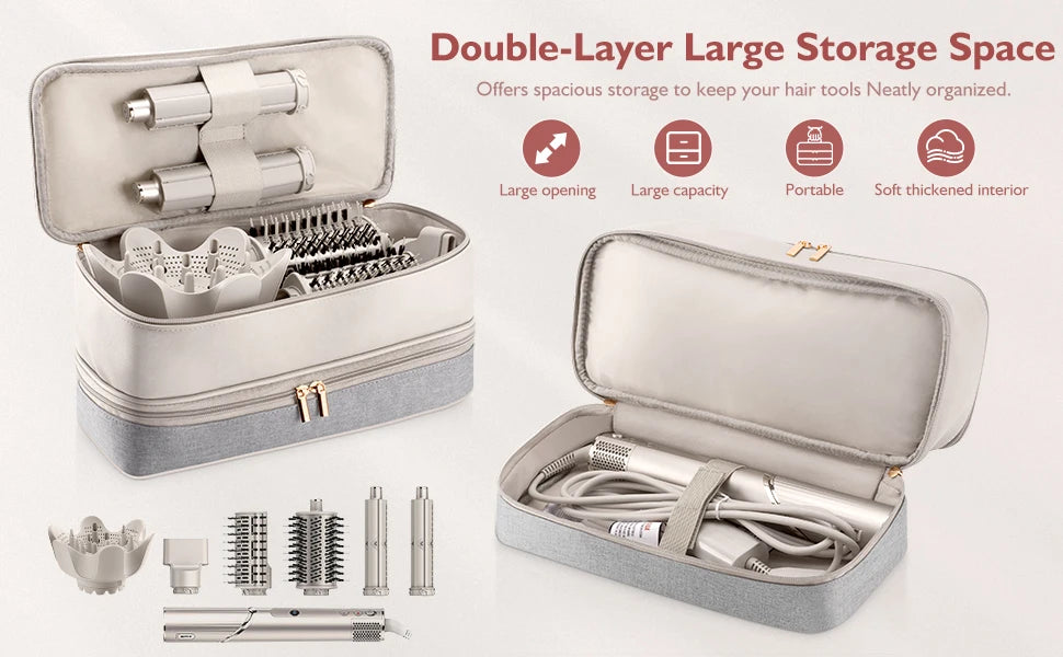 A double-layer storage case for hair dryer and accessories, showing the open lid and various tools inside.