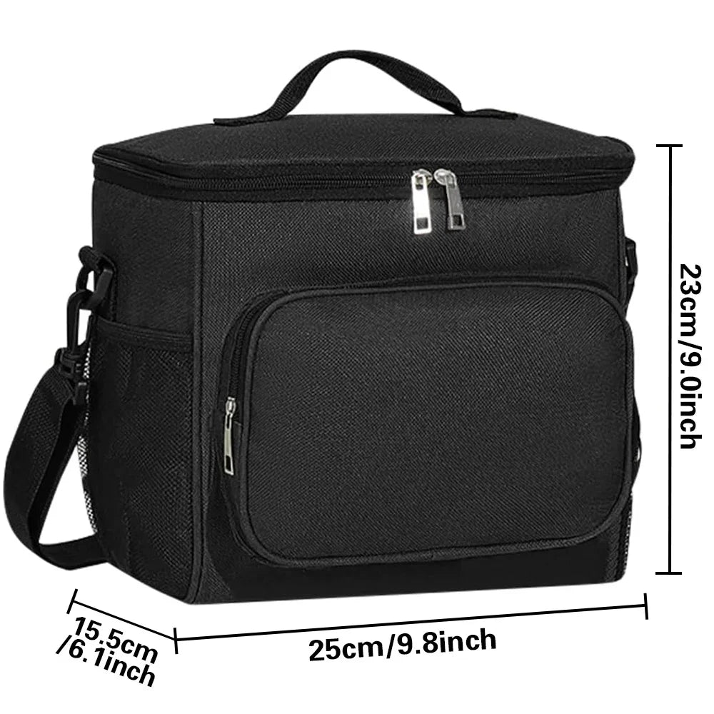 Black insulated canvas lunch bag with dual handles and zippered compartments