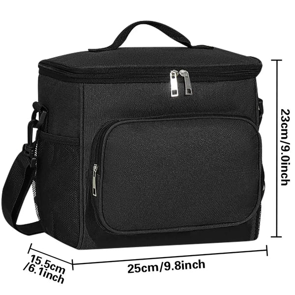 Black insulated canvas lunch bag with dual handles and zippered compartments