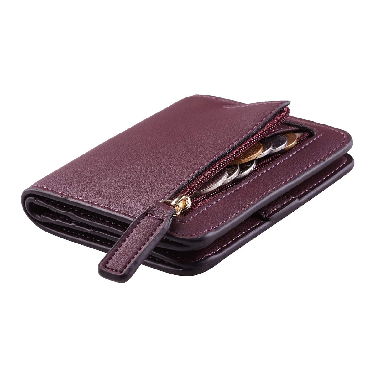 A dark purple compact bi-fold leather wallet with a zippered compartment and gold-toned hardware.
