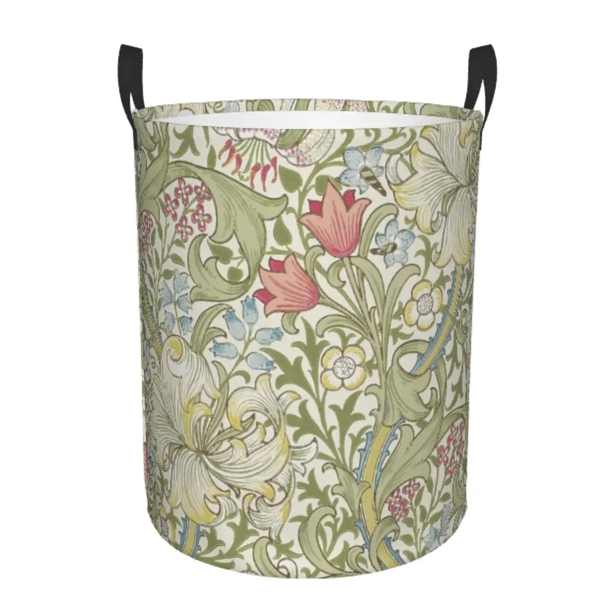 A vintage floral laundry hamper with a green and cream pattern, featuring large leaves and pink flowers.