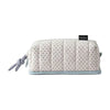 A light pink pencil case with a quilted texture and a gray dot pattern, featuring a light blue trim.