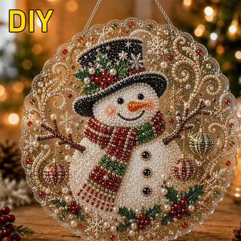 DIY pearl diamond painting snowman suncatcher with a lace edge hanging against a blurred Christmas background
