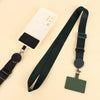 A white phone lanyard with a black clip and a dark green adjustable strap is shown against a light background.