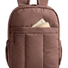 A brown padded laptop backpack with a zippered compartment and carrying straps.