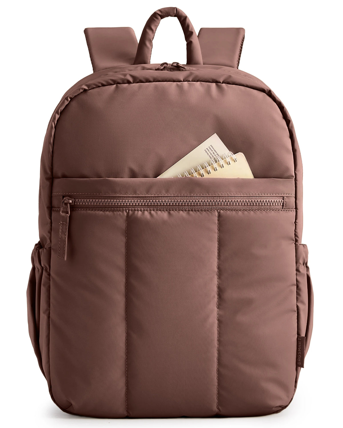 A brown padded laptop backpack with a zippered compartment and carrying straps.