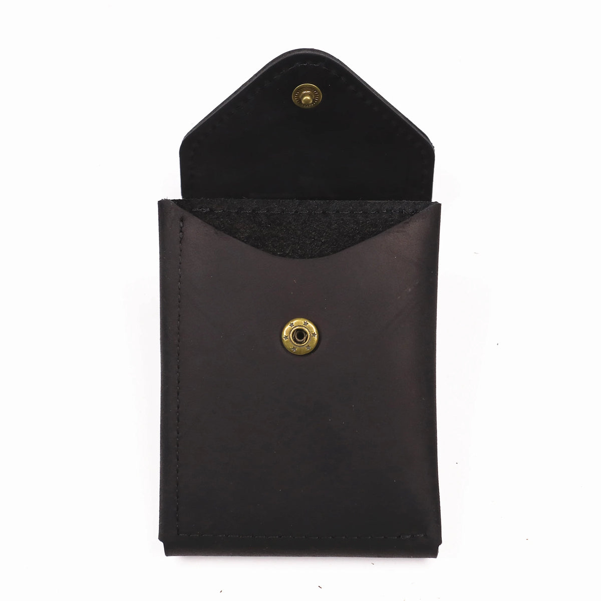 A black genuine cowhide leather wallet for men with a stitched flap and brass-colored button.