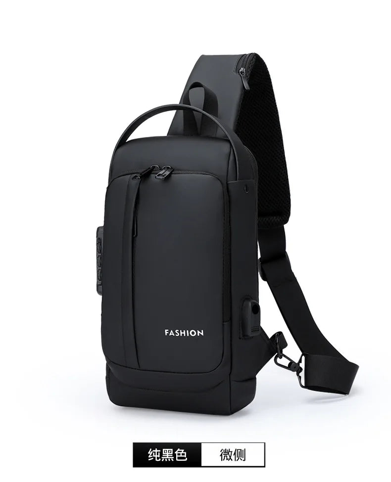 Black anti-theft zippered men's crossbody bag with a black adjustable strap.