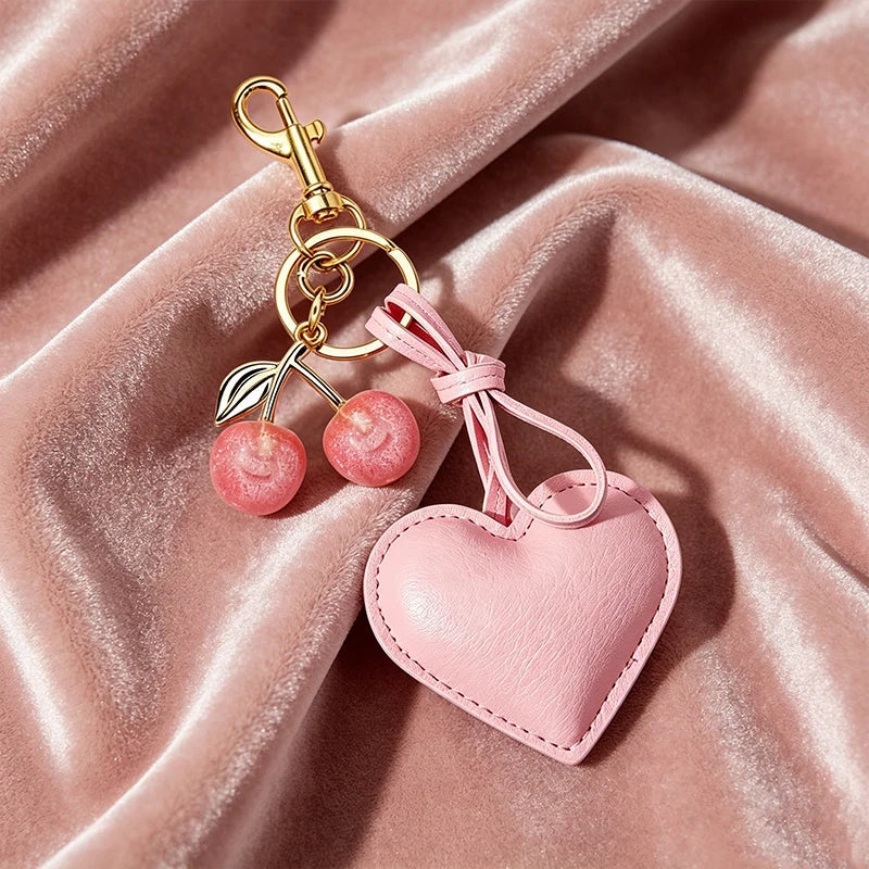 A pink leather heart keychain with a cherry pendant is displayed on a draped fabric background.