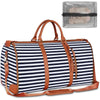 A brown and white striped foldable multi-function garment duffle bag with leather straps.