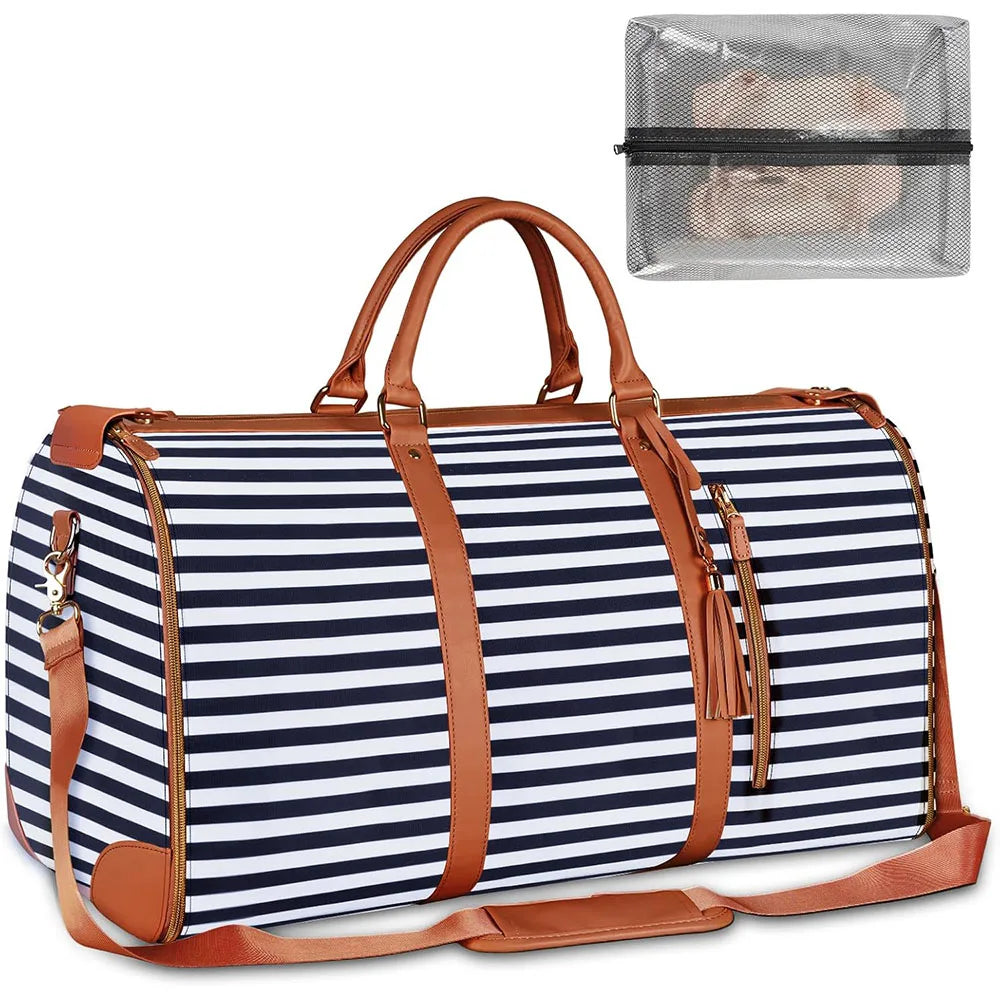 A brown and white striped foldable multi-function garment duffle bag with leather straps.